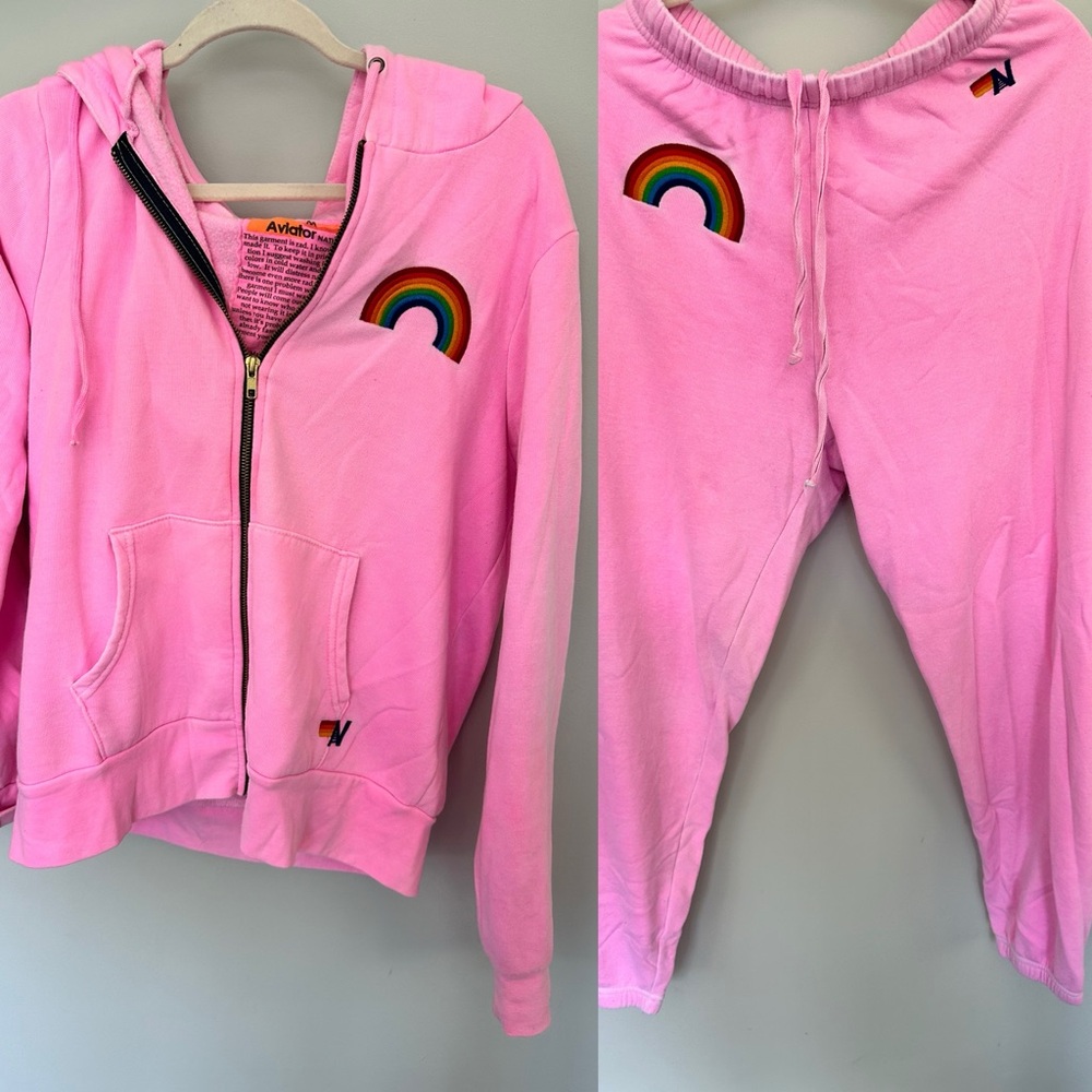 Aviator Nation Pink Hoodie and Sweatpants Set Size Medium with Rainbow Patches